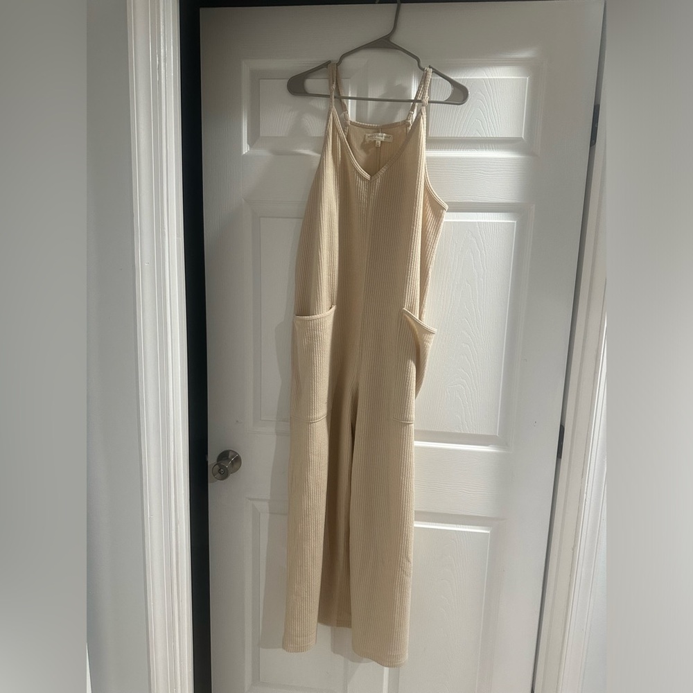 Beige Ribbed Jumpsuit with Pockets
